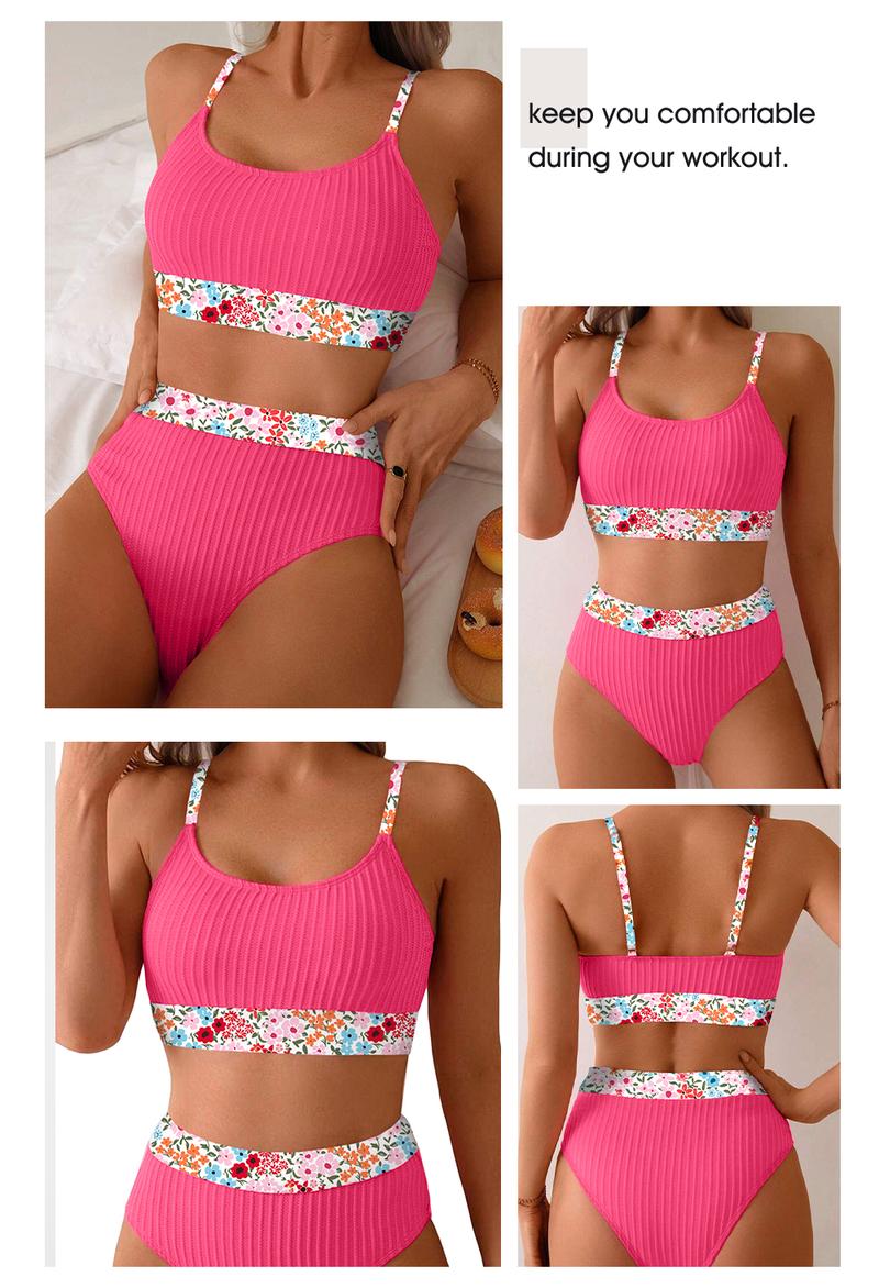 Aleumdr Women's Ribbed Textured High Waisted Bikini Set Floral Trim Two Piece Swimsuit with Adjustable Straps Stretchy Jacquard Fabric Tummy Control Swimwear for Beach Pool and Vacation