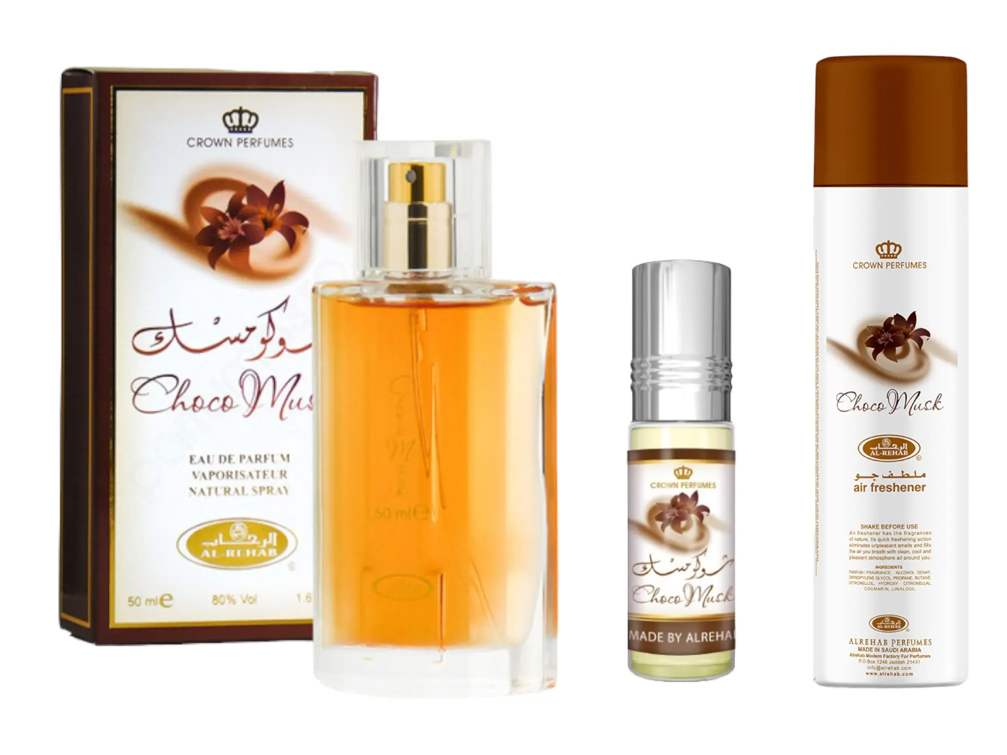 (3pc Bundle Pack) 6ml Choco Musk Roll-On Perfume + 50ml Choco Musk Perfume + 300ml Choco Musk Air Freshener Spray by Al Rehab