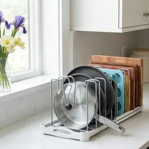 EVERIE Expandable Pot Lid & Pan Organizer Rack – Adjustable 12.6"-21.5" Kitchen Cabinet Storage Holder for Lids, Bakeware & Cutting Boards, 10 Dividers, Space-Saving Kitchen Accessory (Gifts for Mom)