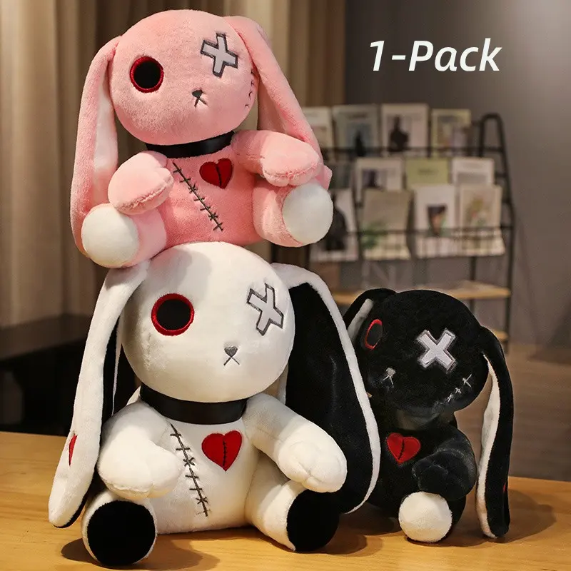 Bunny Plush Creepy Goth Rabbit Plush Crazy Rabbit Plushie Toys Cuddly Stuffed Animal Spooky Gothic Bunny Stuffed Animal Cute Horror Dreadful Bunny Doll For Halloween Easter Christmas Valentines Birthday Gift