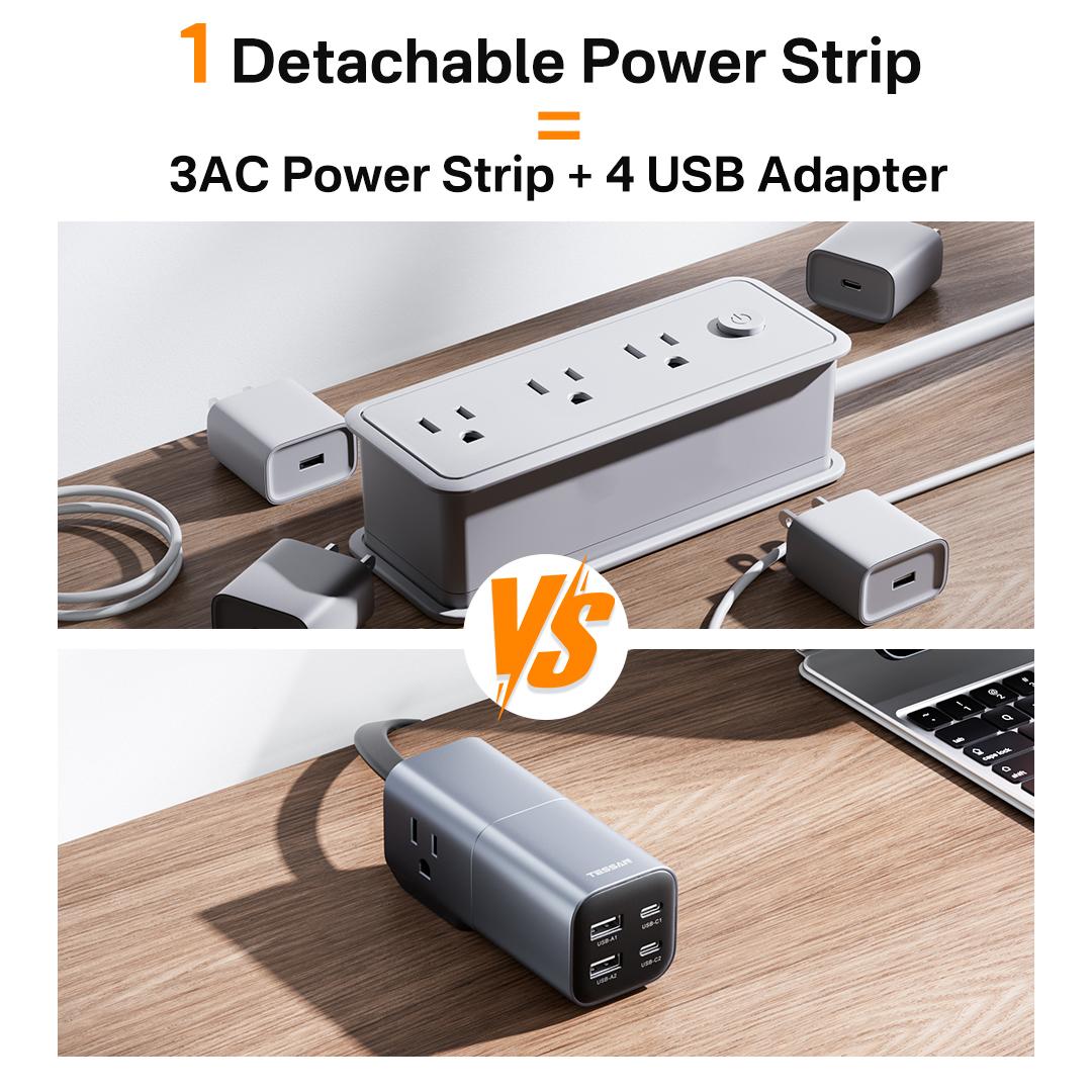[Buy 1 Get 1 Free 60W Charging Cable] Tessan Detachable Power Strip with 35W GaN Fast Charging, USB Adapter and 3AC Power Strip into One for Easy Portability, 7-in-1 Power Strip with USB-A/C Ports for Phones, iPad, MacBook and More Devices