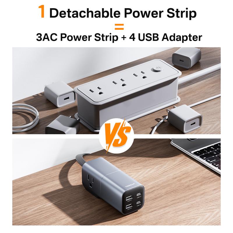 [Buy 1 Get 1 Free 60W Charging Cable] Tessan Detachable Power Strip with 35W GaN Fast Charging, USB Adapter and 3AC Power Strip into One for Easy Portability, 7-in-1 Power Strip with USB-A/C Ports for Phones, iPad, MacBook and More Devices