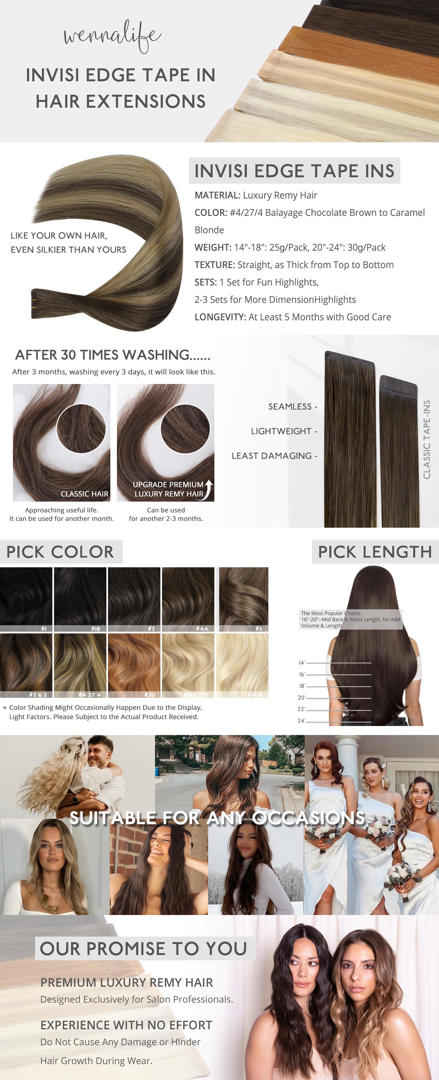 WENNALIFE Invisi Edge Tape Hair Extensions 14-24 Inch Remy Human Hair Balayage Chocolate Brown to Caramel Blonde 10pcs 25g Seamless Luxury Straight Extensions for Black Girls Long Box SpringStatements