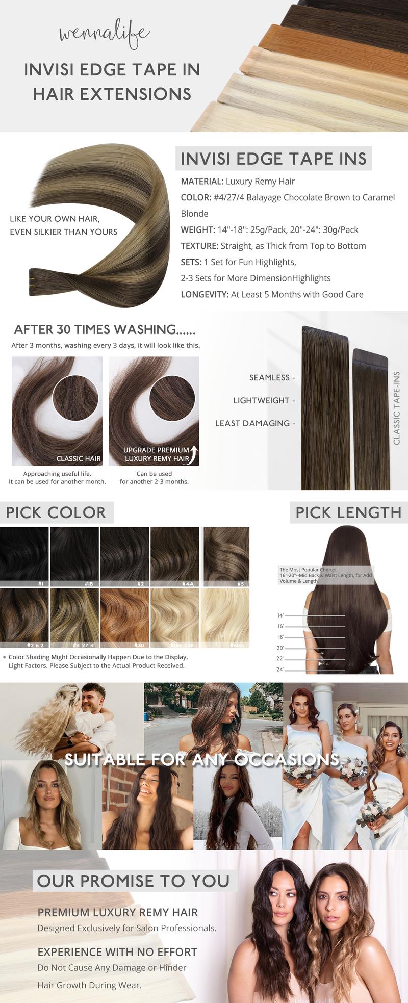WENNALIFE Invisi Edge Tape Hair Extensions 14-24 Inch Remy Human Hair Balayage Chocolate Brown to Caramel Blonde 10pcs 25g Seamless Luxury Straight Extensions for Black Girls Long Box