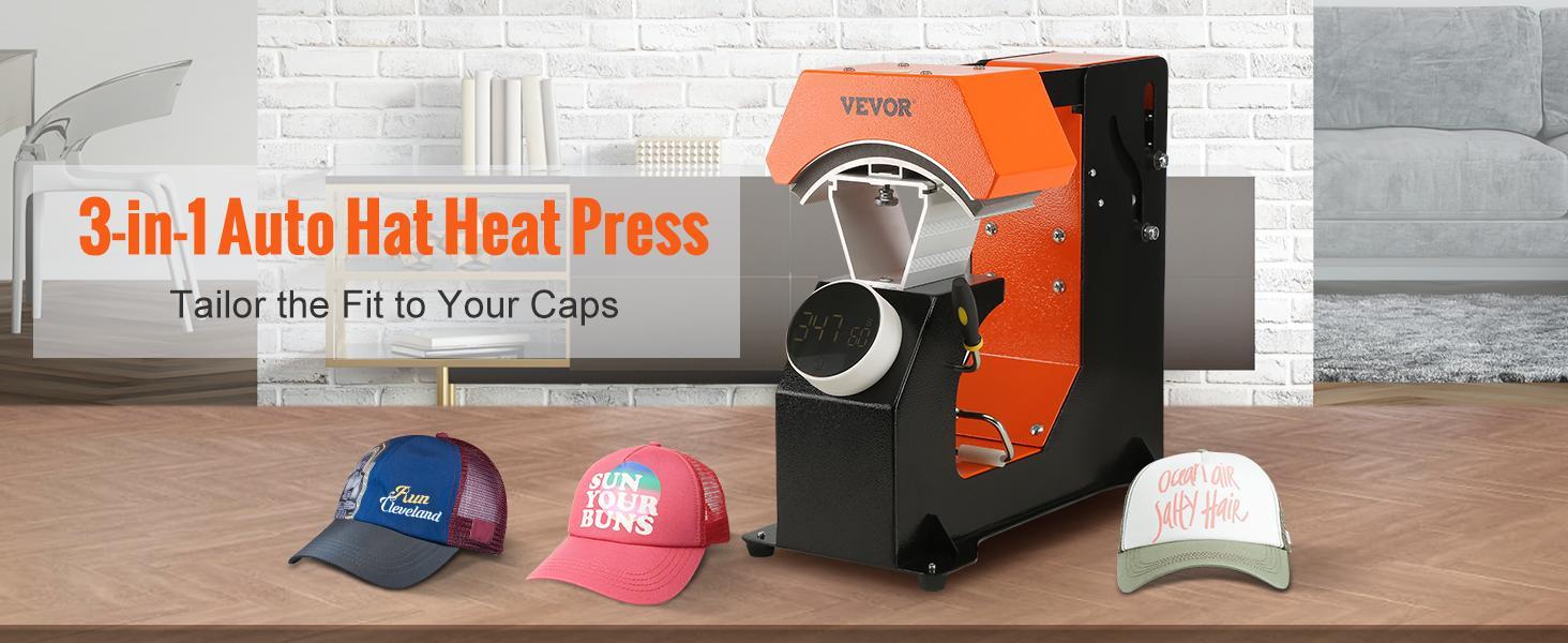 VEVOR 3-in-1 Auto Hat Heat Press with 3pcs Interchangeable Platens(6.6" x 2.7", TikTokShopBlackFriday, 6.6" x 3.8", 6.1" x 3"), Automatic Release&Press Knob-Style Digital Control Panel, Heat Transfer Printing for Caps