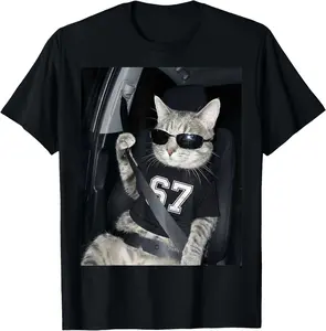 100% Cotton67 Cat Wearing Sunglasses Gen Alpha Funny Six Seven 6 7 Meme T-Shirt