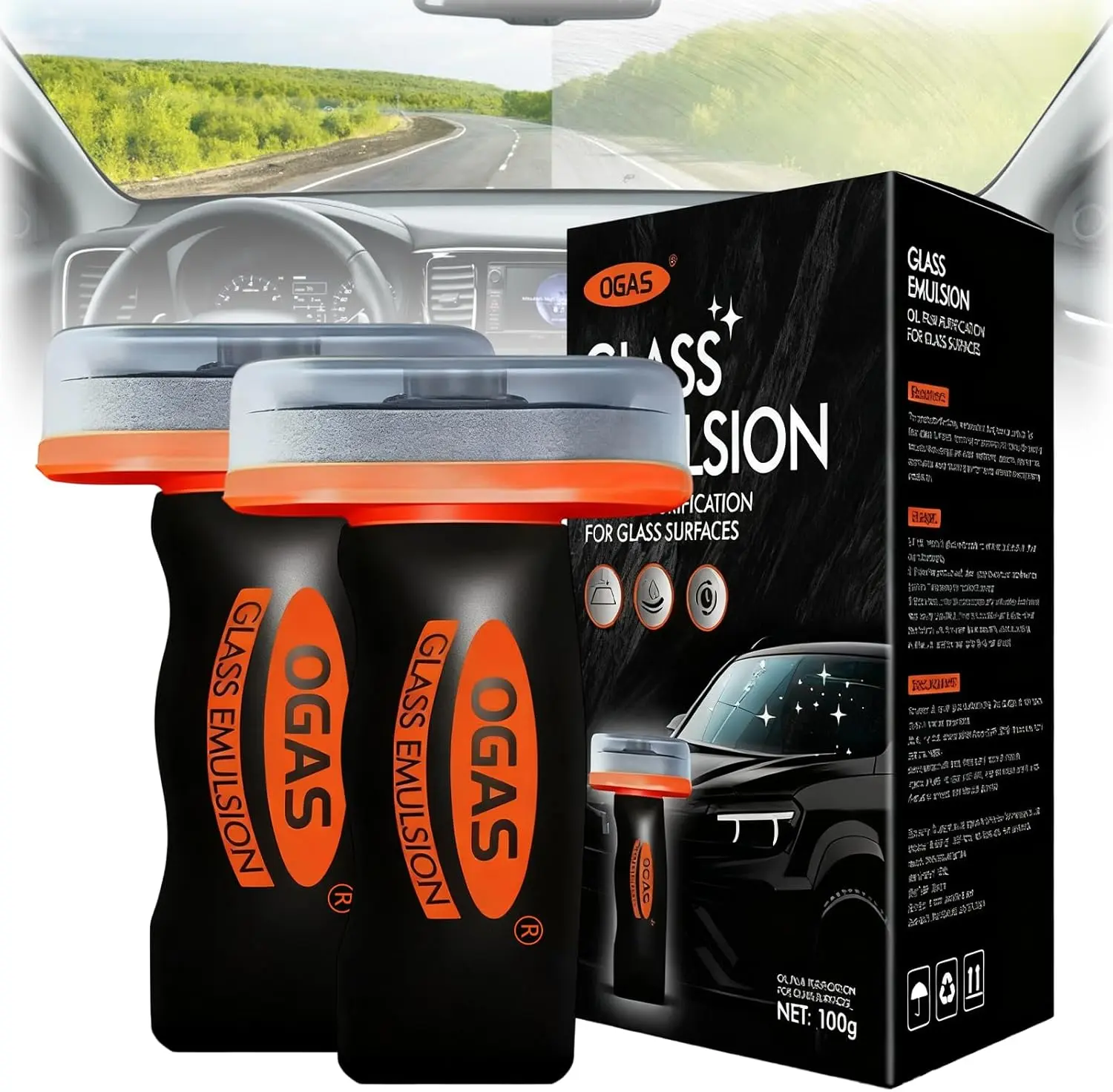 2PCS Car Glass Oil Film Remover Kit - Roll-On Brush with Cleaning Board, Car Detailing Products Including Degreaser Cleaner, Watermark Remover, Windshield Spray & Anti-Fog Glass Cleaner for Automotive Care