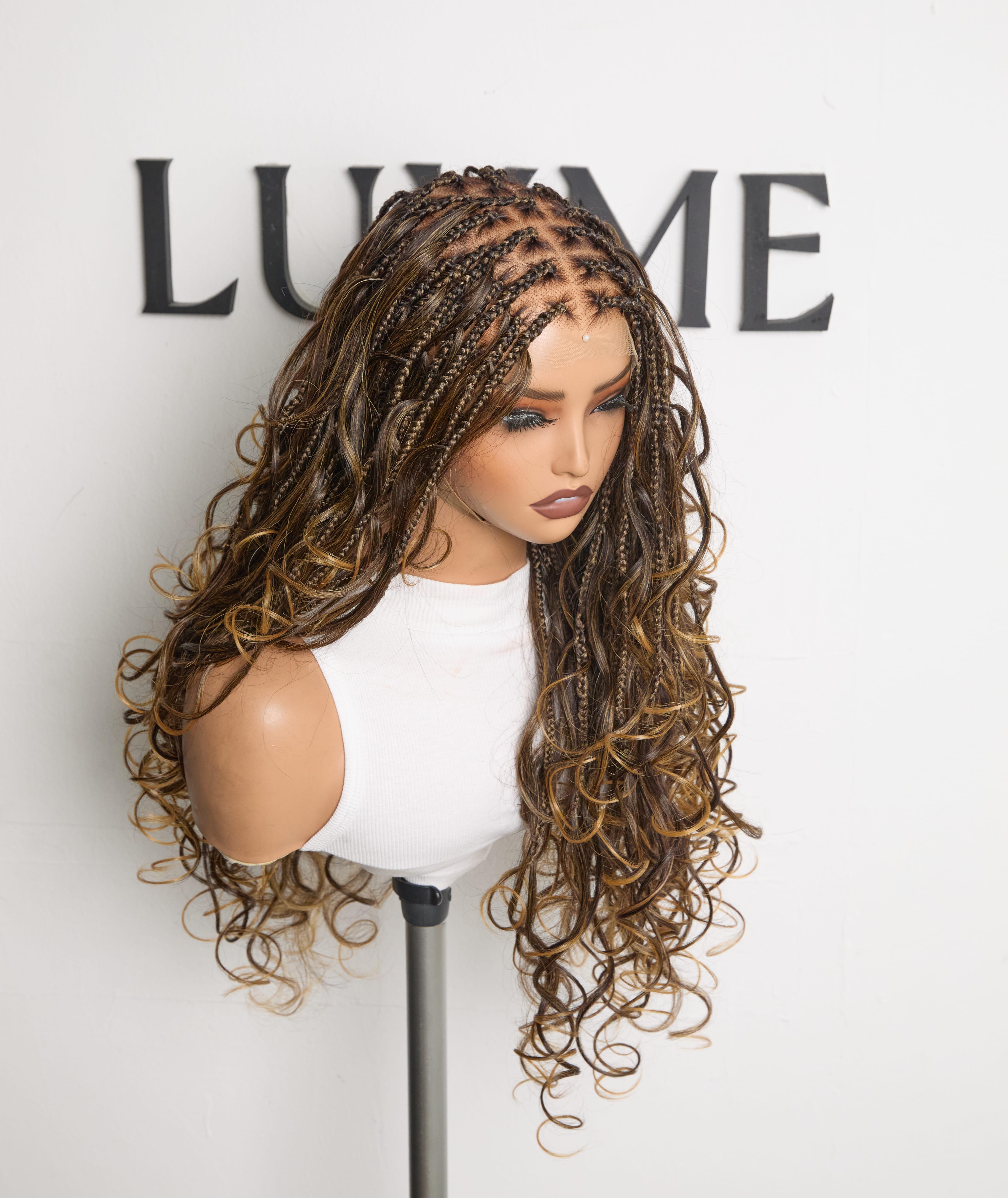 Luvme Full Lace French Curl Boho Braided Wig Knotless 26 inches HD lace Pre-Bleached Natural Hairline Pre-cut Lace