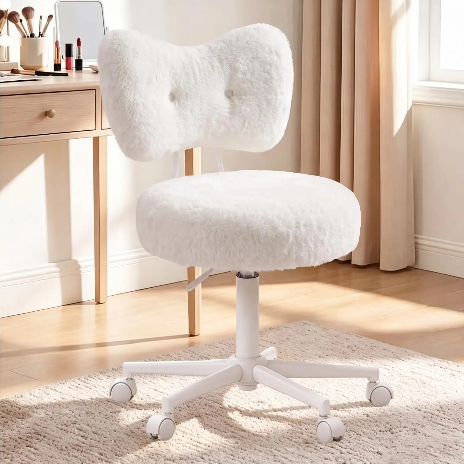 GRANNY SAYS Vanity Chair with Bow Back for Bedroom,HeightAdjustable,Swivel I Faux Rabbit Fur, High-DensityFoam, 300 lbs,Easy Assembly for Teens, Make-upRoom, Dorm, Study Room office pink