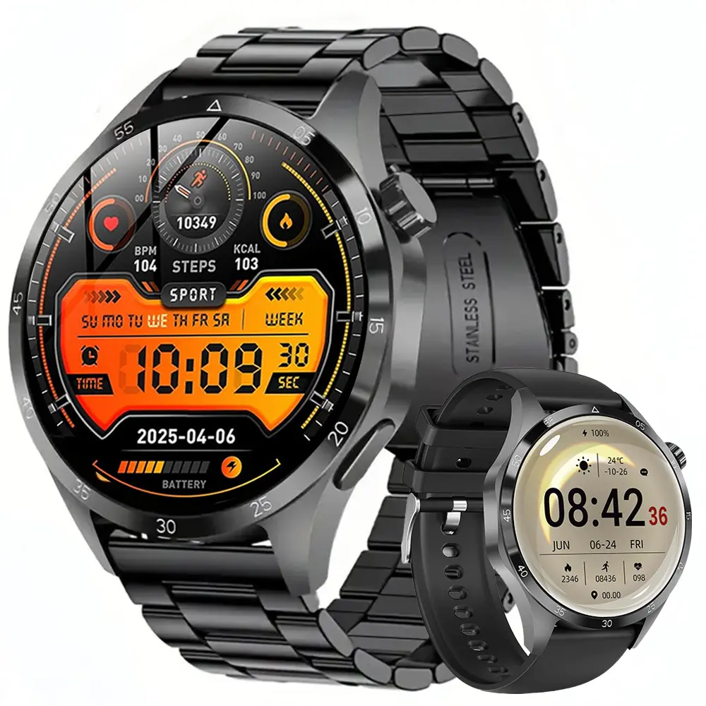 Men's Military Smartwatch - Wearable Device with 280mAh Battery, 1.52in AMOLED HD Large Screen, Phone Sync, Wireless Call,  Multiple Exercise Modes, Fitness Tracker, Steel Charging, Silicone Band for Android & iPhone (Black)