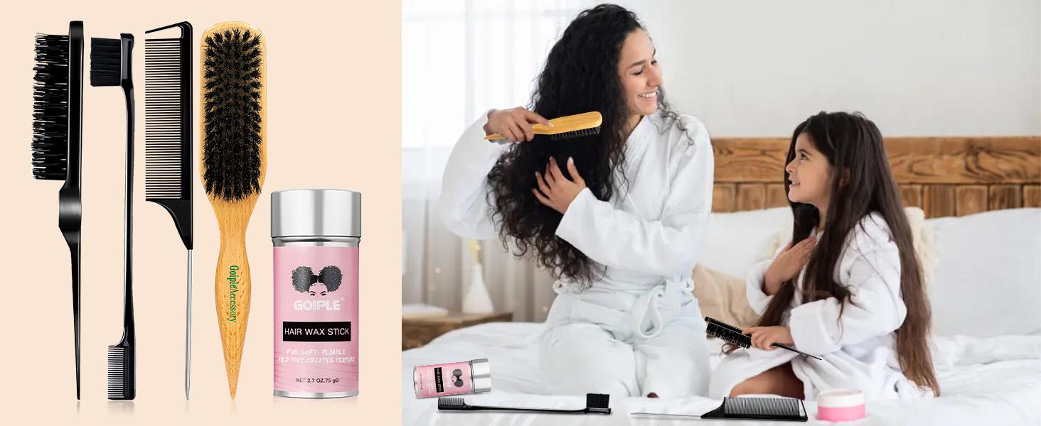 Slick Back Hair Brush Set Teasing Boar Bristle Brush, Hair Wax Stick, Edge Brushes, Rat Tail Comb, Teasing Comb, Wooden Slickback Hairbrush