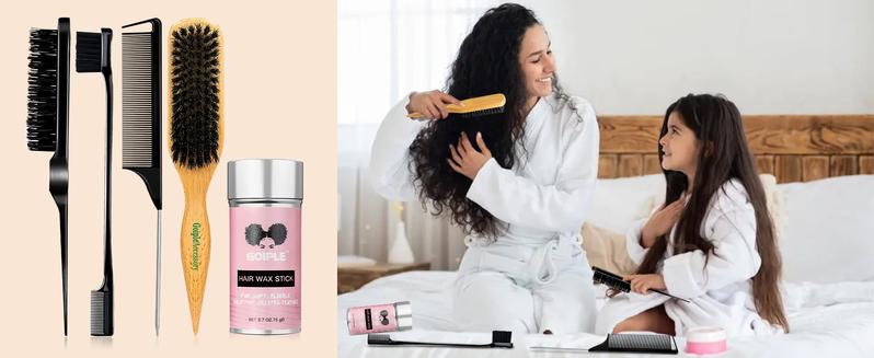 Slick Back Hair Brush Set Teasing Boar Bristle Brush, Hair Wax Stick, Edge Brushes, Rat Tail Comb, Teasing Comb, Wooden Slickback Hairbrush