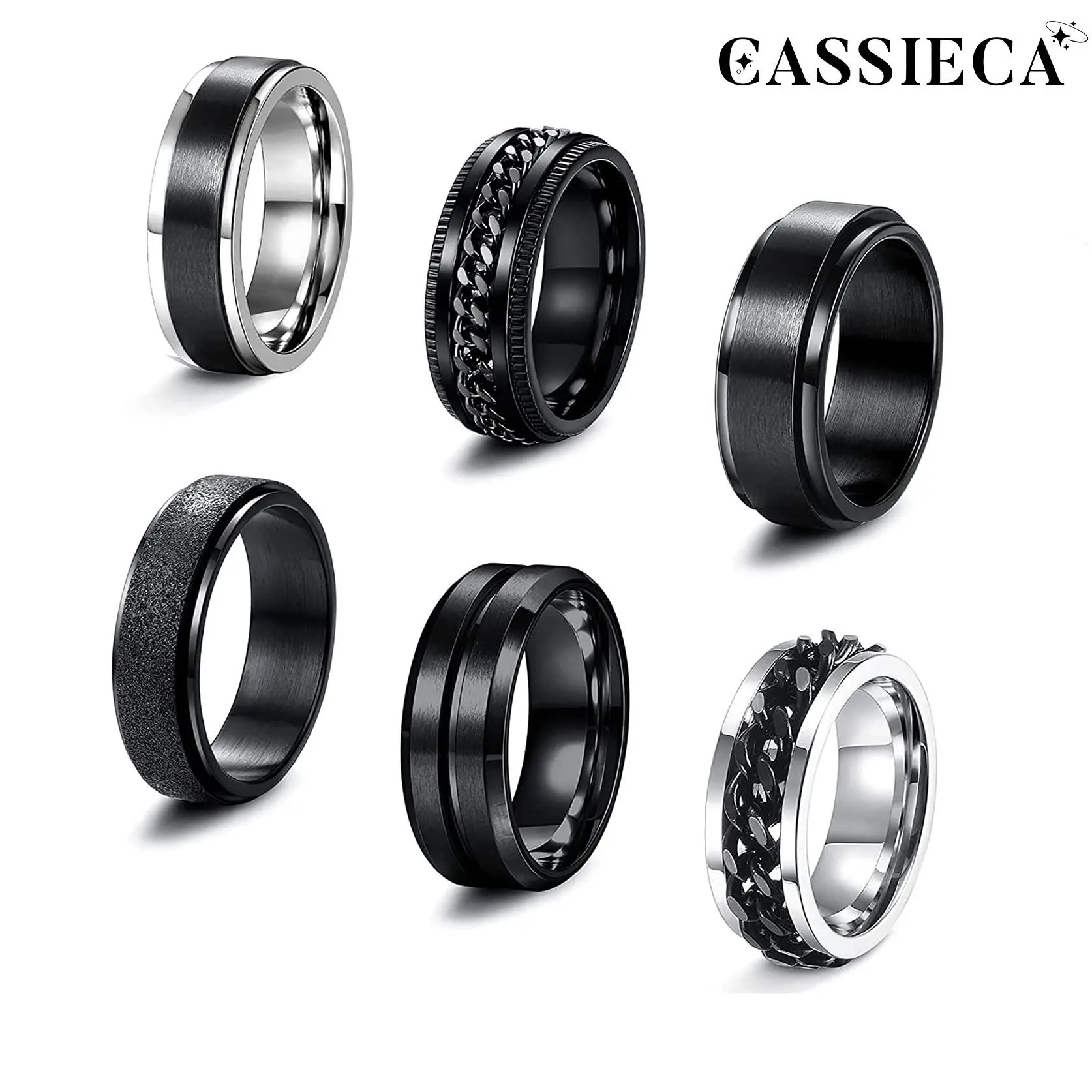 CASSIECA 6PCS Tarnish Proof Stainless Steel Spinner Rings, 6-8MM Black Cool Chain Design, Anxiety Stress Relief Promise Wedding Band, Funky Unique Jewelry Accessories, Men's Accessories, Guys Gifts, Womens Gifts, Sizes 7-13