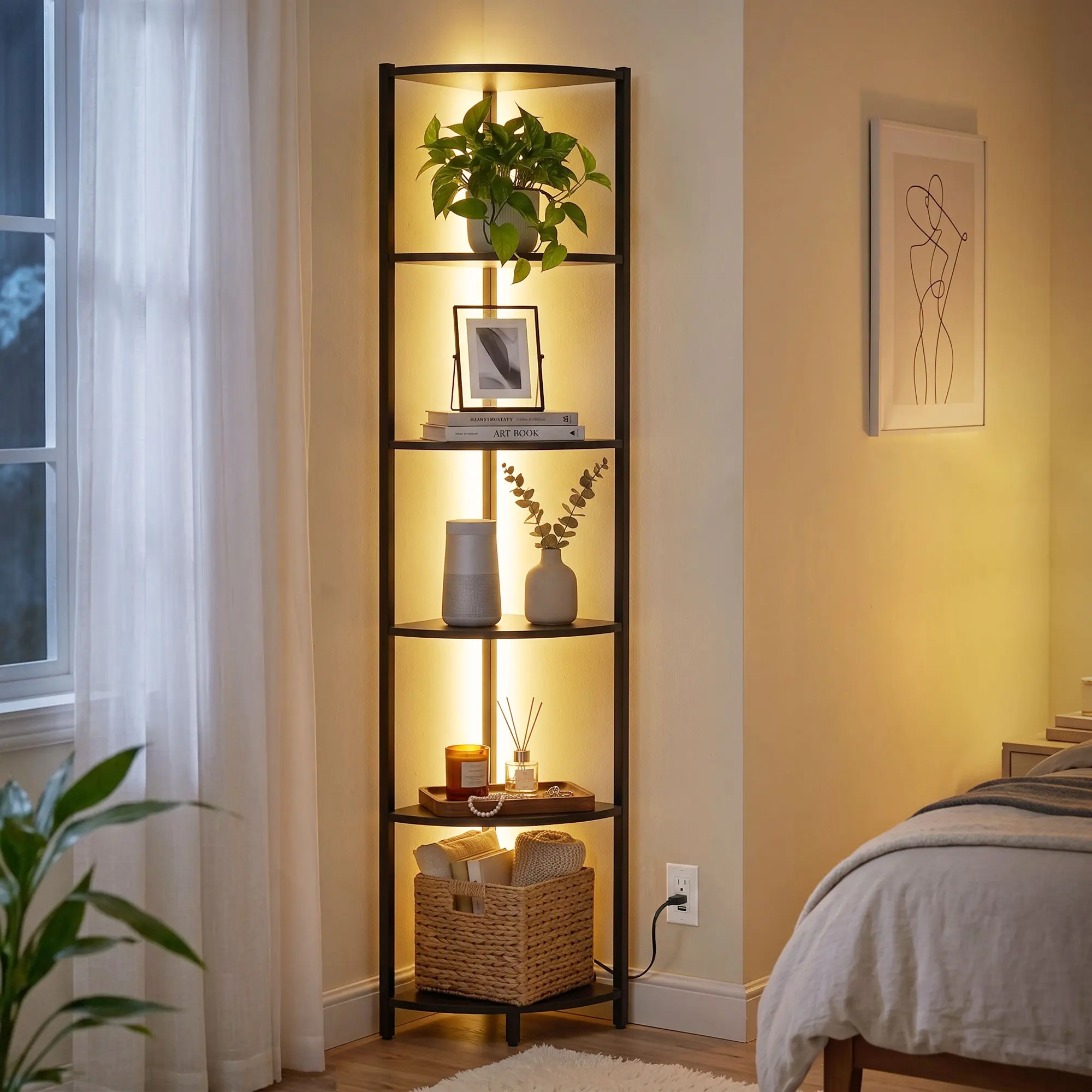 Corner Shelf with LED Lights, 6-Tier Corner Bookshelf, 66'' Organizer Book Shelf Shelves Steel Frame Display Stand with Living Room, Bedroom, Study, Black