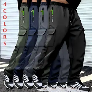 Men's Outdoor Casual Cargo Pants - Polyester fabric, color-block design with zipper and multiple pockets, regular fit - Suitable for hiking and outdoor activities, everyday weekend casual wear