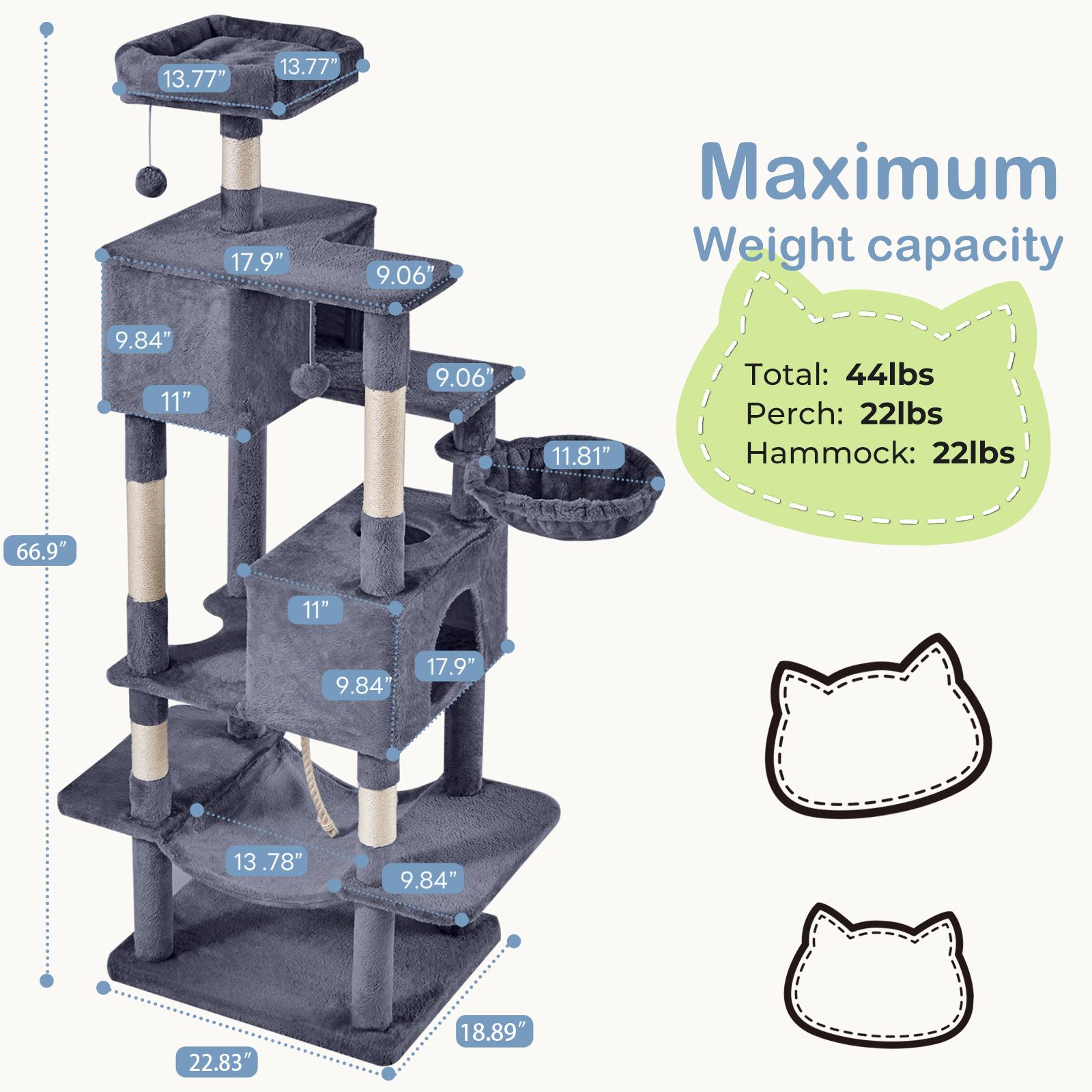 66 inch Large Cat Tree for Multiple Cats, Multi-Level Cat Tower with 2 Condos, 3 Perches, Hammock & Pompoms, Extra Wide Platform for Indoor Cats and Kittens Play