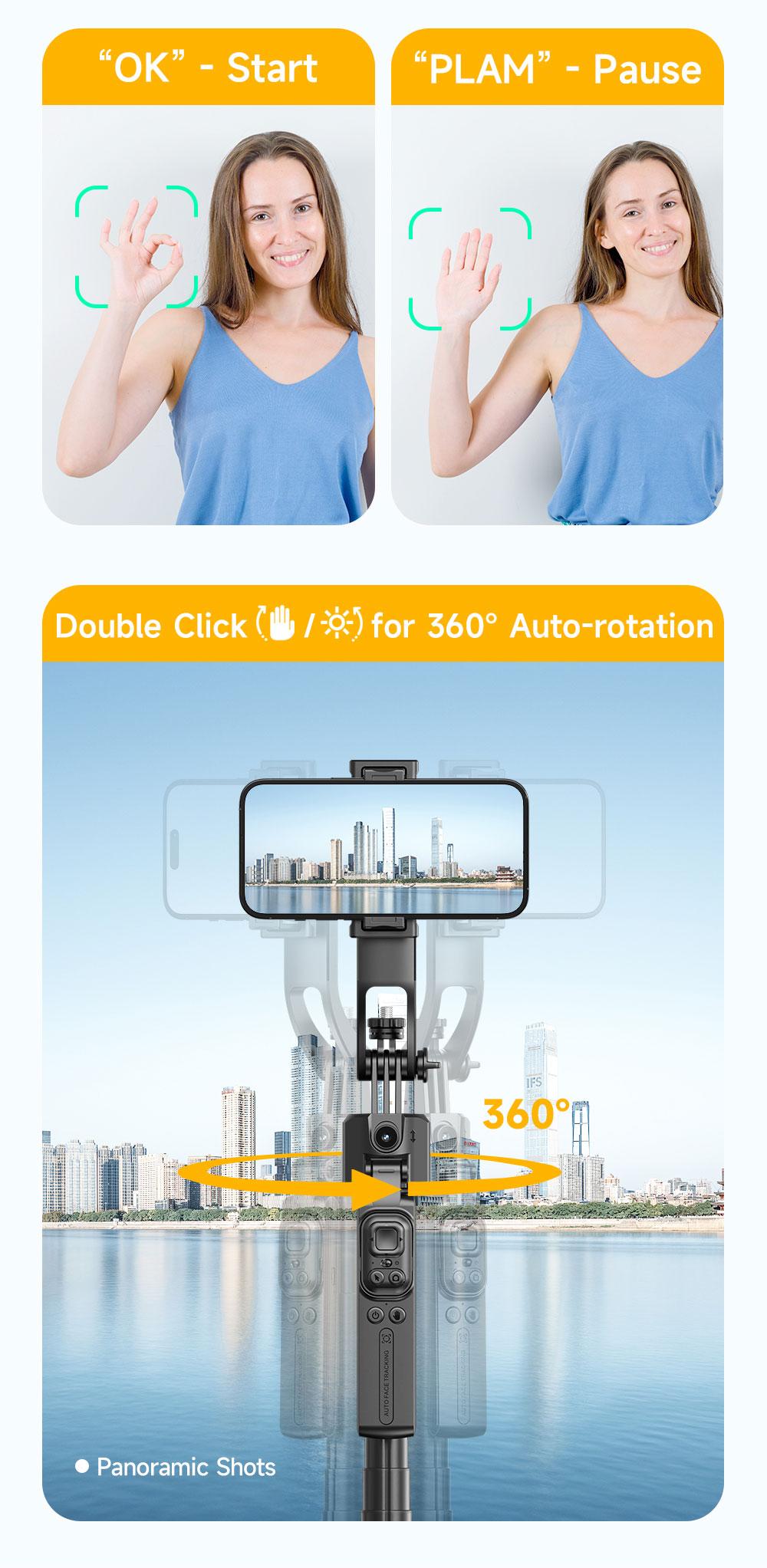 Auto Face Selfie Stick 360° Rotatable Tripod for iPhone One Click Pop Up Gesture Control Handheld Stabilizer Detachable Phone Holder Multifunctional Remote Control 68.9 inches Smartphone Camera Accessories