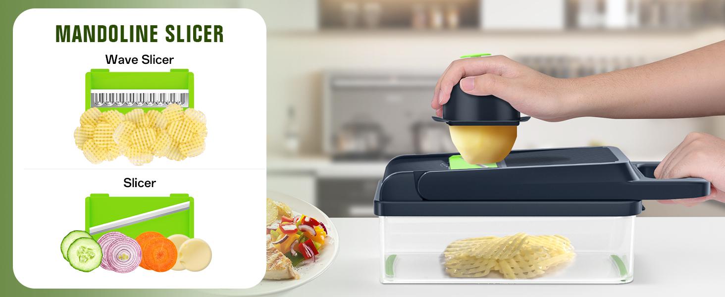 HOMEHACKS Vegetable Chopper,14-in-1 Multifunctional Food Chopper,Professional Onion Chopper with 7 Blades,Vegetable Cutter with Container for Salad,Potato,Carrot,and Garlic; Essential Kitchen Tool