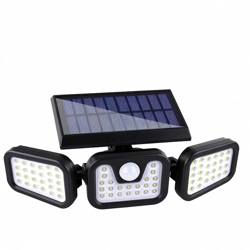 2 Pack Solar Powered Security Lights, 3 Head Motion Sensor LED Flood Lights with Remote, IP65 Waterproof Solar Lights for Home Security Yard Fence