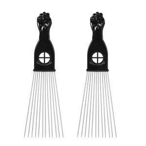 VOCOSTE 2pcs Metal Hair Pick, Metal African Hair Picks, Afro Hair Pick Comb for Women and Men, Afro Comb for Fluffy, Thick, Curly Hair, Black Silver Tone, 9.06"x2.83"
