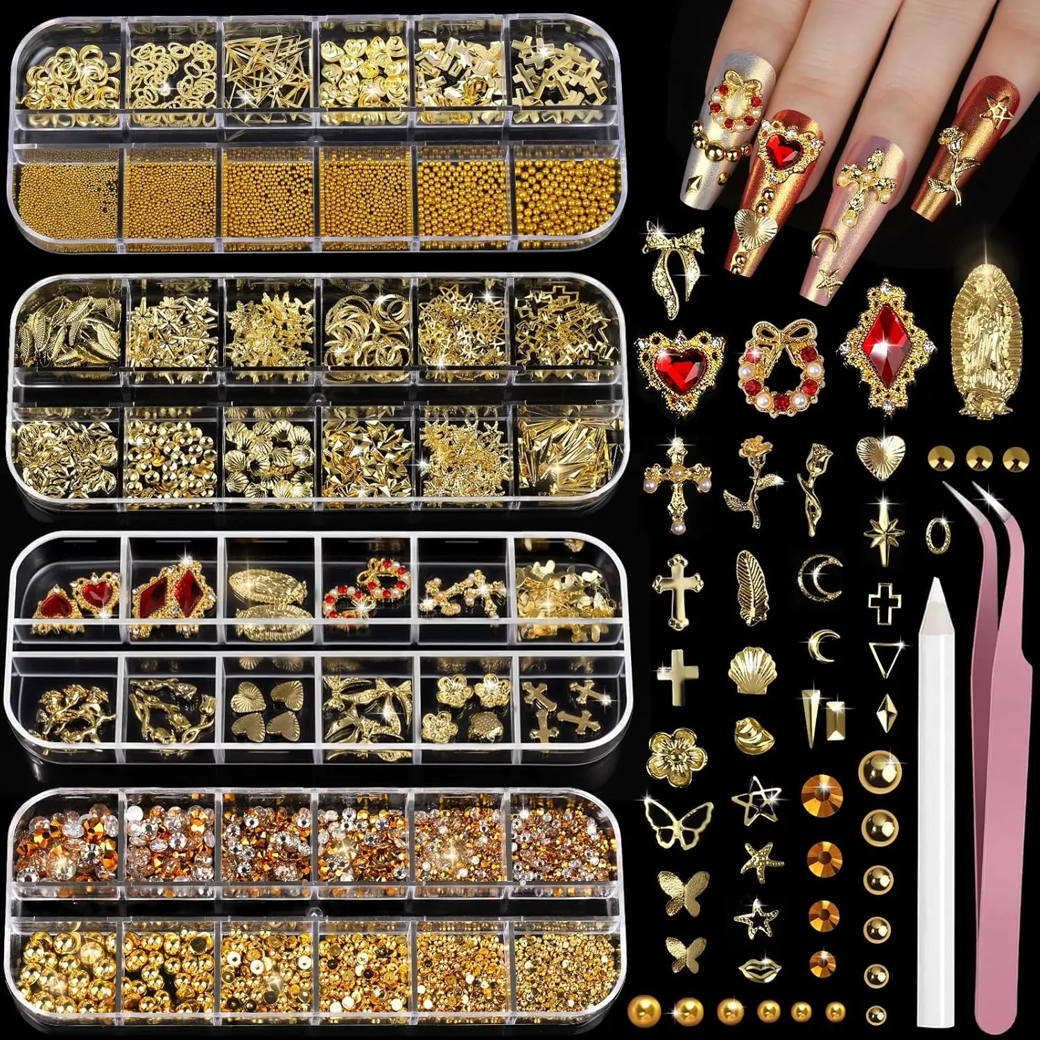 Gold Nail Charms and Gems Set with 4 Boxes of Nail Pearls, 3D Cross Charms, Heart Rhinestones and Nail Art Tools, Complete Supplies for Nail Design DIY Kit