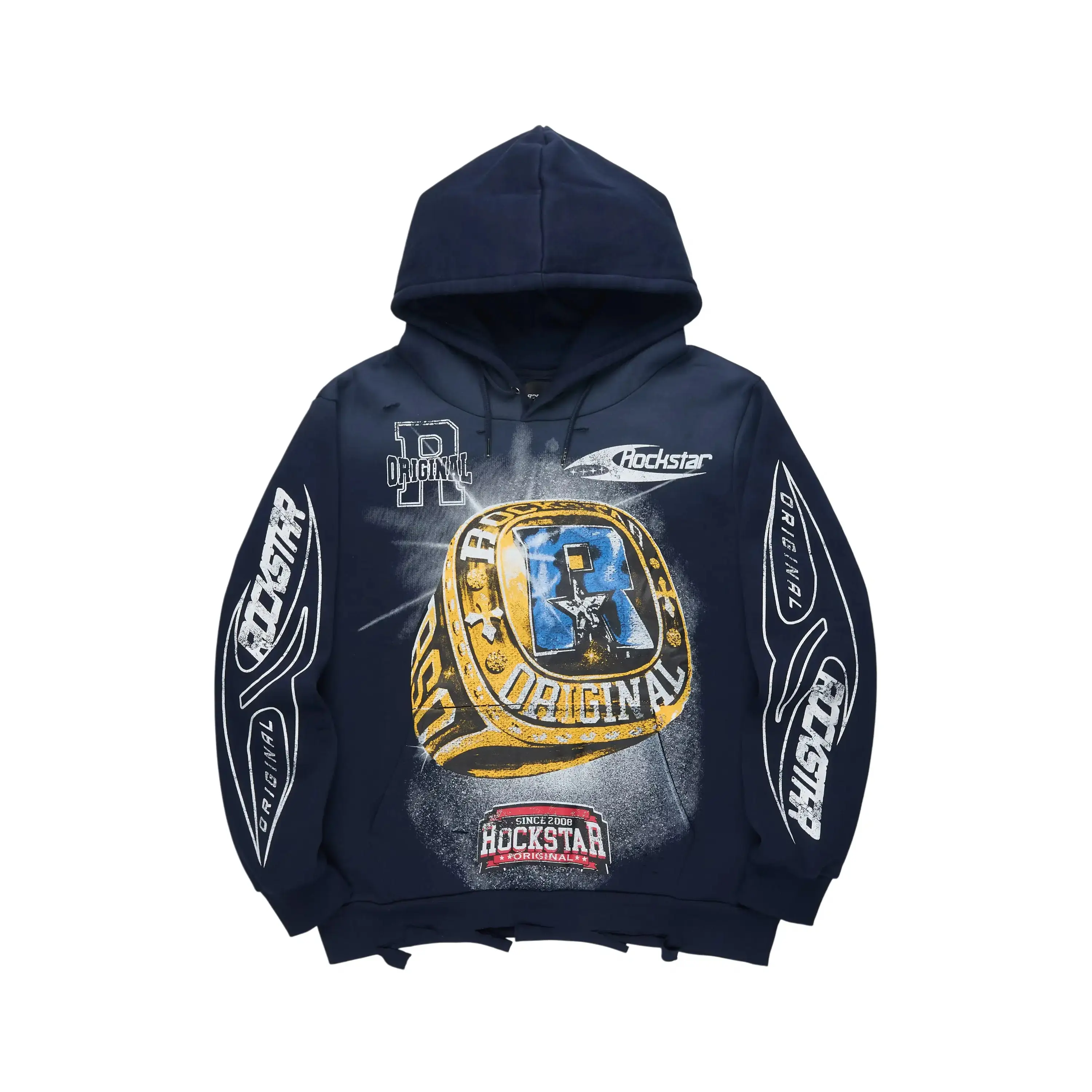 Gemchamp Navy Distressed Graphic Relaxed Hoodie Gemchamp Navy Distressed Graphic Relaxed Hoodie