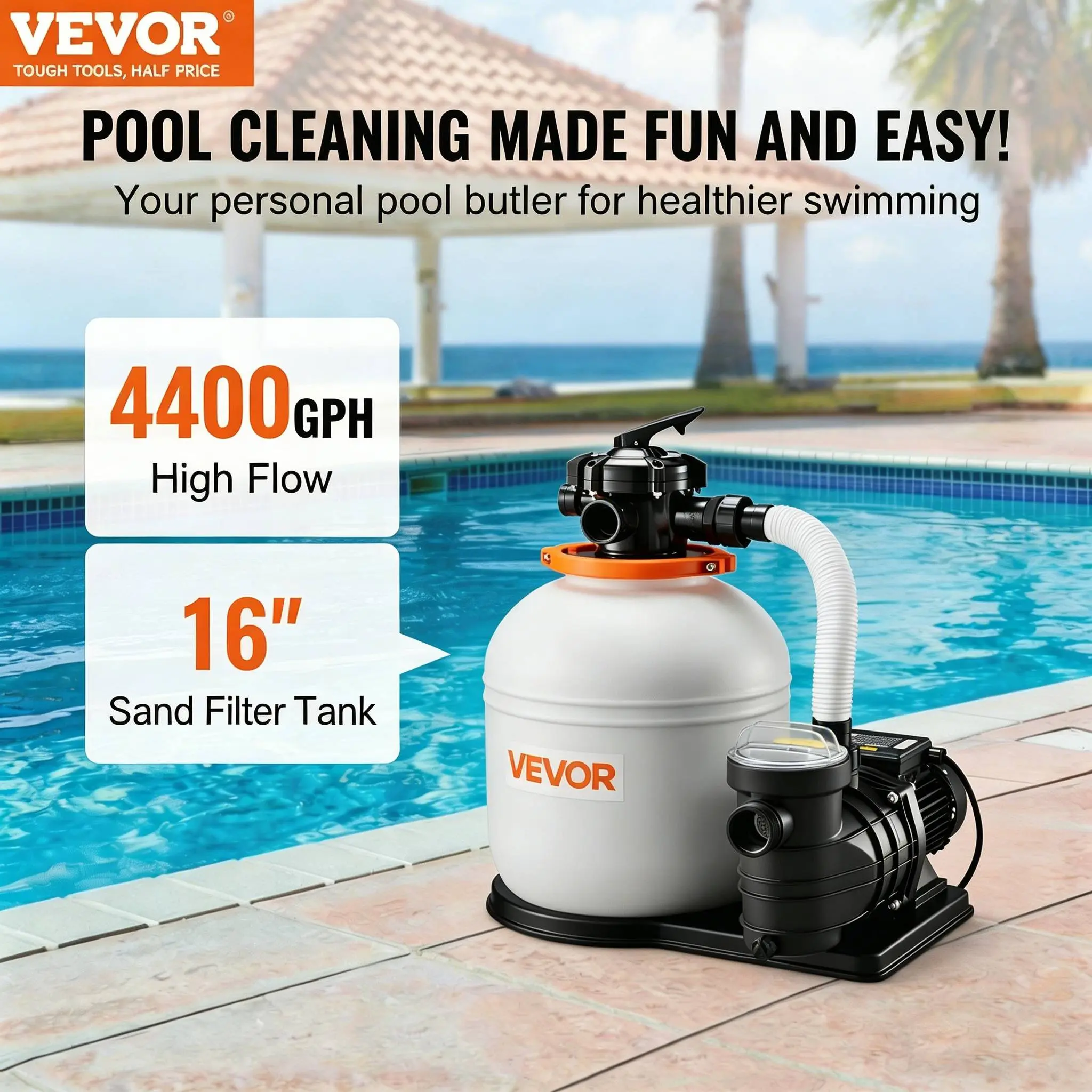 VEVOR Sand Filter Pump for Above Ground Pools, 10-16 inch, 3000-4400 GPH, Swimming Pool Pumps System & Filters Combo Set with 6-Way Multi-Port Valve and Strainer Basket, for Domestic and Commercial Poolsd Commercial Pools Without Filter Balls