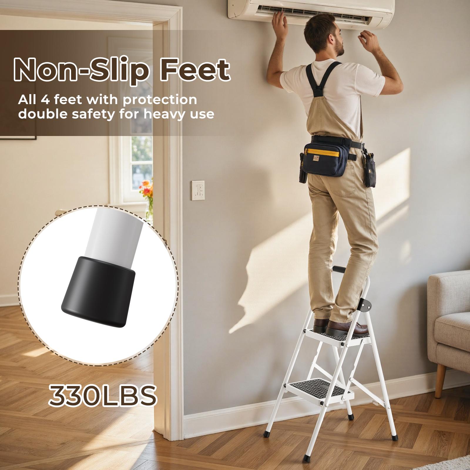 Flycity  2-step ladder, 2-step stool, adult folding step stool, with soft padded handle, wide anti-slip platform with ergonomic design. Adult portable step stool, multi-purpose for home, kitchen, office.