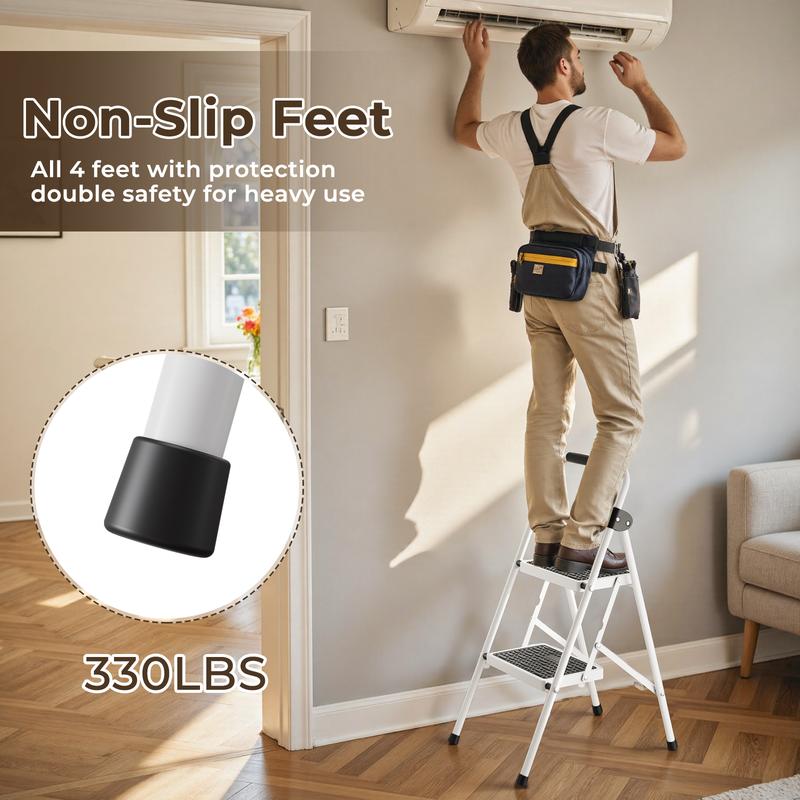 Flycity  2-step ladder, 2-step stool, adult folding step stool, with soft padded handle, wide anti-slip platform with ergonomic design. Adult portable step stool, multi-purpose for home, kitchen, office.