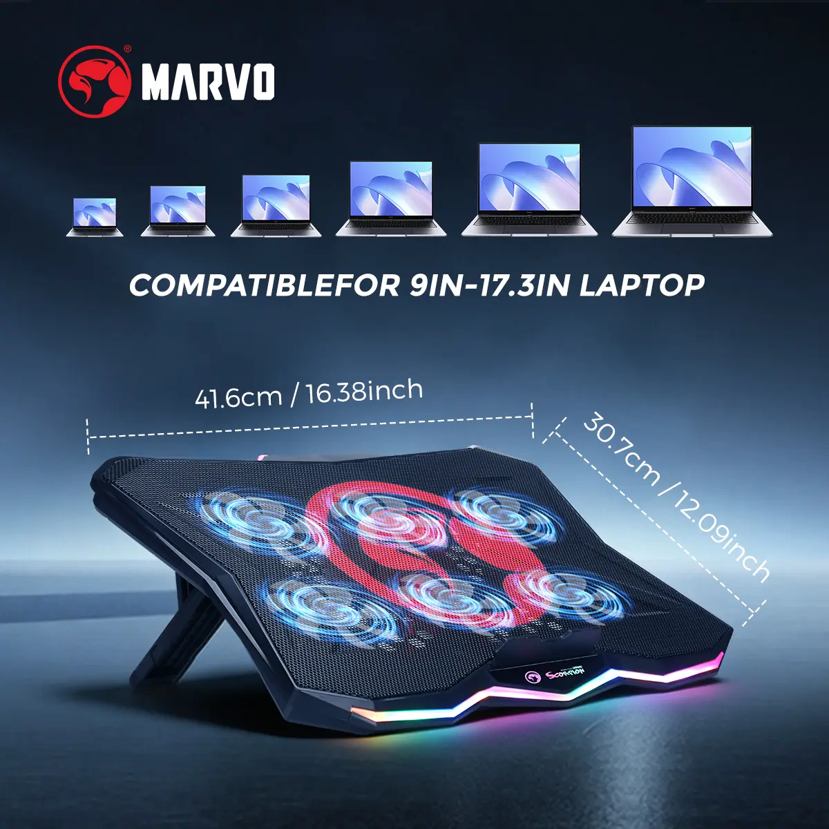 Marvo Gaming Laptop Cooler with Adjustable Cooling System, Fan Control, 6.5-45° Ergonomic Stand, 570-800RPM Variable Speed Fan, Cooling Strong Airflow, 2 USB Ports, RGB Lights, Stylish Design, 9-17.3 Inch Laptops Compatibility (for Gamers, Office Use)