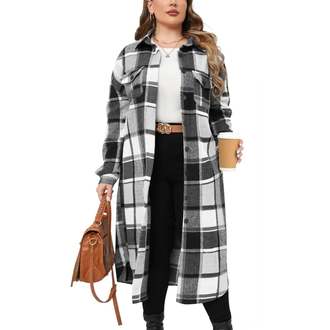 Women's Plus Size Plaid Print Loose-Fitting Long Boyfriend Flannel Shacket - Lightweight Oversized Knee-Length Button-Down Coat, Thin Polyester Lady Top with 2 Flap Chest Pockets, Hand Wash, Retro Street Casual Workwear