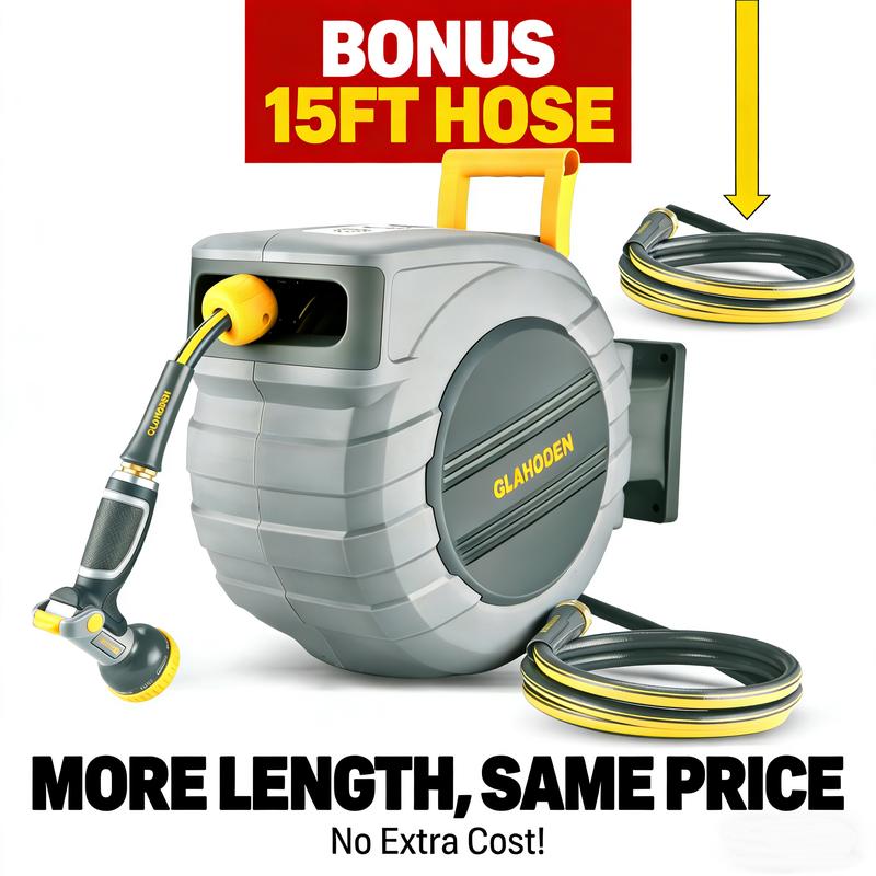 GLAHODEN Retractable Hose Reel,100FT plus an extra 15 feet（115FT）， Various specifications, 100'x1/2" 180° Swivel with 9-Pattern Nozzle, Automatic Rewind, Lock at Any Length, Slow Return System