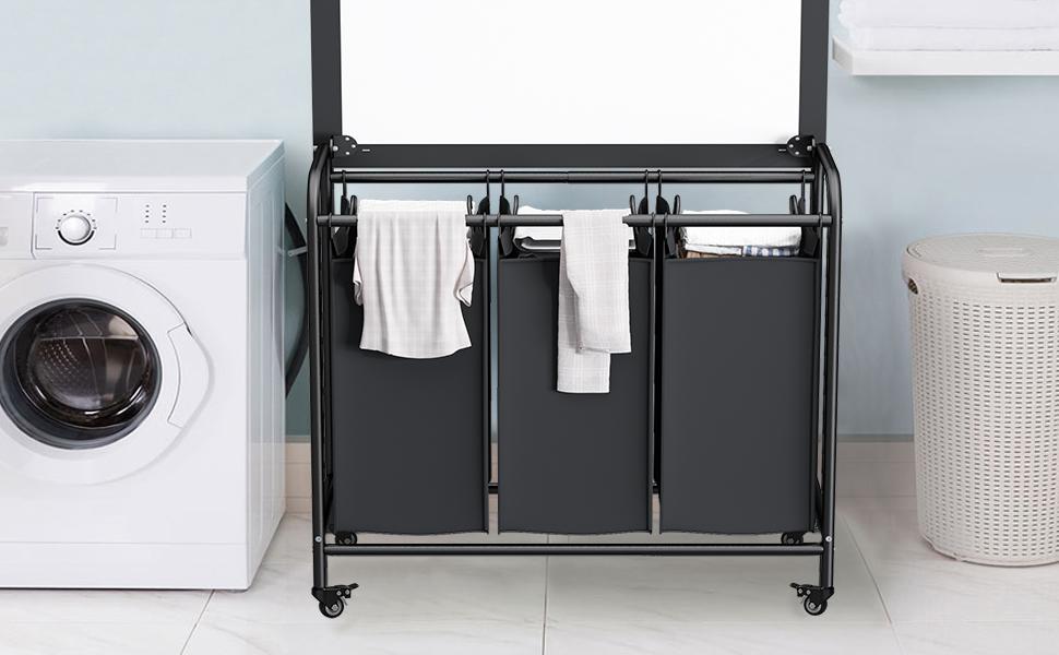 3 Bags Laundry Sorting Basket with Ironing Board and Detachable Waterproof Bag, Heavy-duty Rolling Lockable Wheel Laundry Cart Deals For You Days
