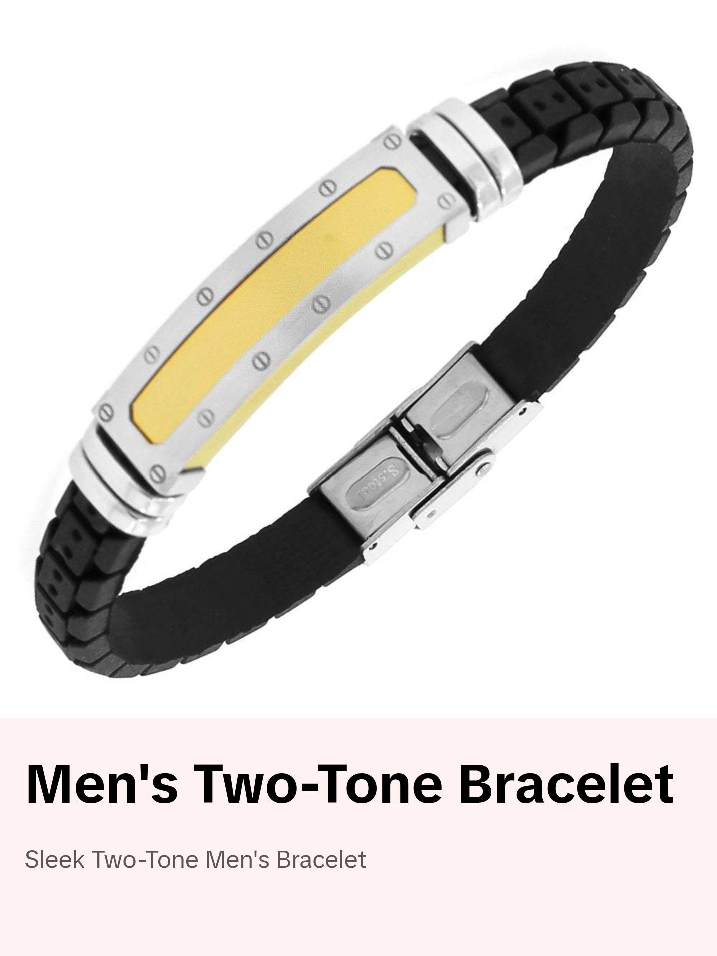 Stainless Steel Black Rubber Silicone Yellow Gold Silver-Tone Men's Bracelet