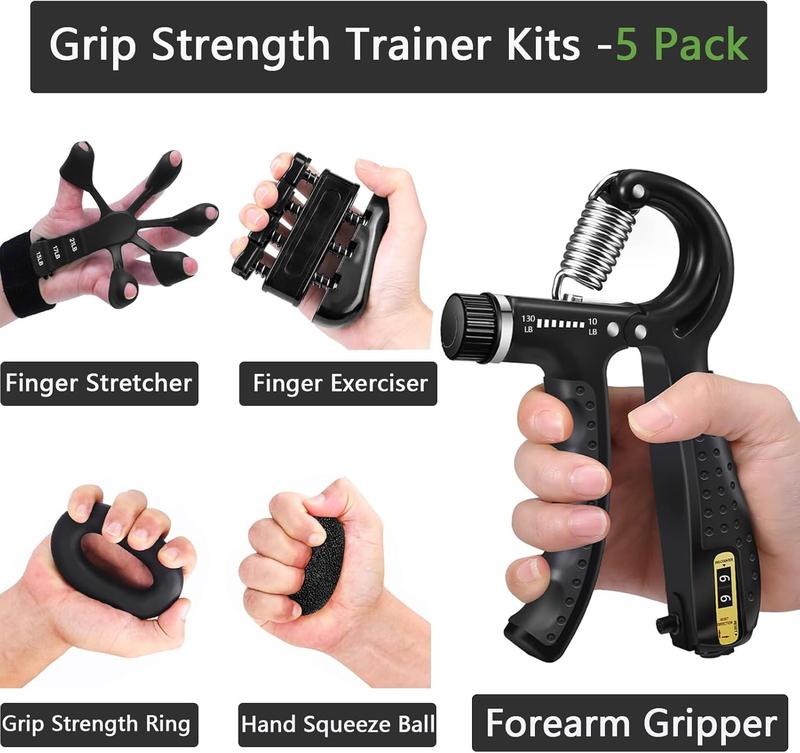 5PCS Grip Strength Trainer Kits, Hand Gripper Strengthener, Forearm Strengthener, Forearm Exerciser, Finger Exerciser, Wrist Strengthener, Stress Relief Ball, Grip Ring