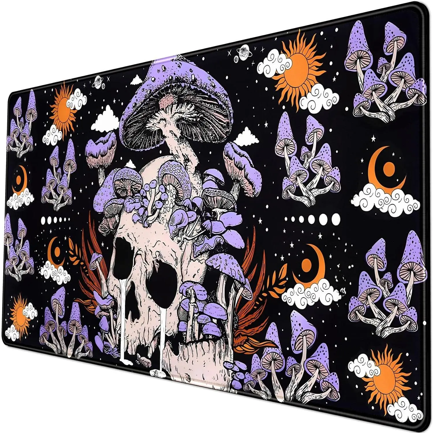 Black Mouse Pad Mushroom Desk Pad Skull Skeleton Purple Pc Laptop Office Keyboard Mouse Pads, Large Gaming Setup Office Extra Large Deskmat Laptop Mousepad 24x14 in-with Stitched Eges
