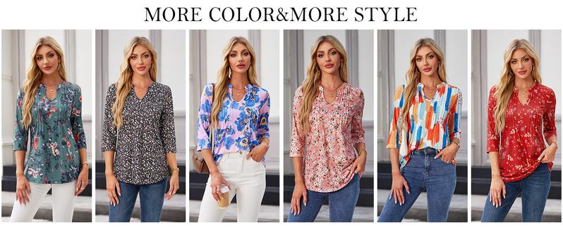 Womens 3/4 Sleeve Tops Business Casual Blouses V Neck Pleated Shirts Peasant Tunic Tops Dressy Casual Work Outfits Vneck Basic Womenswear