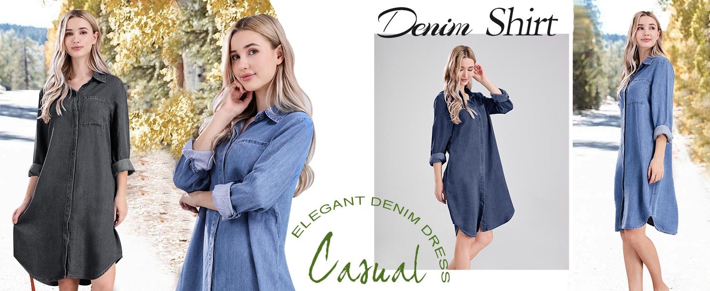 utcoco Denim Dress for Women 2026 Casual Loose Long Sleeve Classic Vintage Button Down Jean Shirt Dresses with SpringStatements