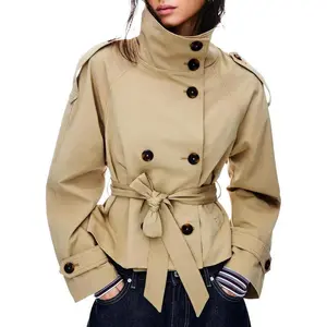 Women's Cropped Trench Coat Double Breasted Short Jacket High Collar Fall Winter Coats Trendy Outfit with Belt