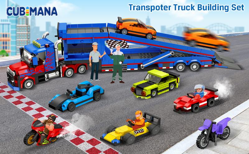 Epic City Transporter Truck Set – 7 Sports Cars, Adjustable Ramp, Tow Semi Truck with Carrier & Trailer, Exciting Pretend Play Toy for Kids 8+,1050pcs Rc Construction Vehicles