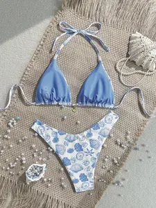 Seashell & Coral Print Bikini Set - Halter Triangle Top & Cheeky Side-Tie Bottoms Women Cute Bottoms Y2K Coastal Swimwear