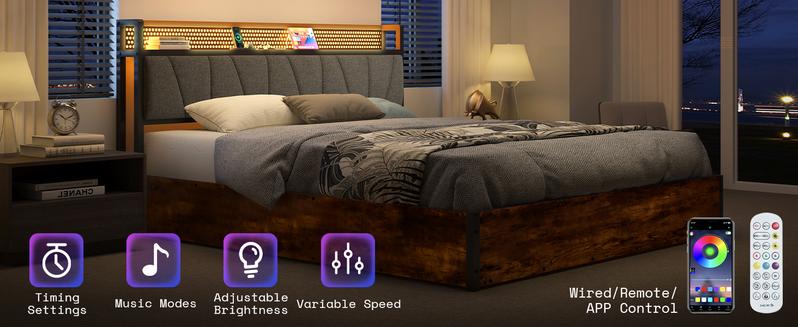 AMERLIFE King Size Lift Up Storage Bed Frame with LED Lights, Linen Upholstered Headboard with Charging Station, Wooden LED Light Platform Bed Frame,Best Gift Ideas/Christmas Gifts
