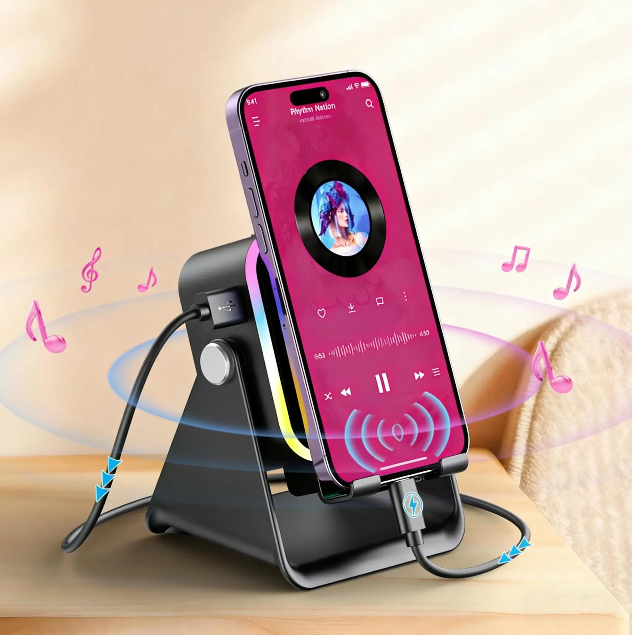 5-in-1 Induction Wireless Speaker - Bluetooth & App Compatibility, Built-in Hybrid Adjustable Mount Stand, 360° Rotatable Holder, RGB Ambient Light, Power Bank, Compact Subwoofer, Universal Gift for Men (Works with Smartphones, Android, iPhone), Wireless,