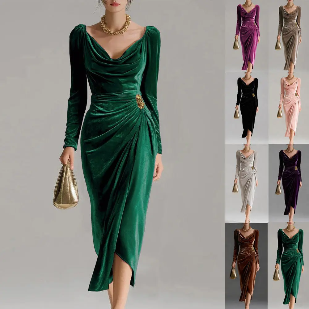 Women's Formal Long-Sleeve Velvet Dress - Petal Design, Pleated High-Waist Floor-Length Skirt, Slit Detail, Luxe Fabric