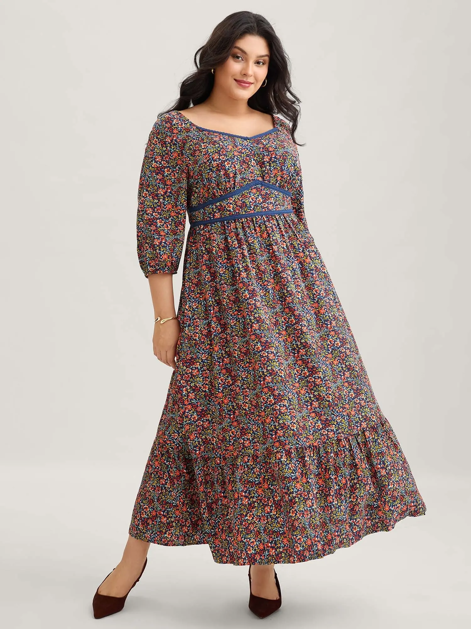 BloomChic Women's Plus Size Cottagecore Maxi Dress, Ditsy Floral Boho Brunch Outfit with Heart Neckline, Ruffles, and Pockets, Casual, Maxi Dress For Women, Boho Clothes For Women