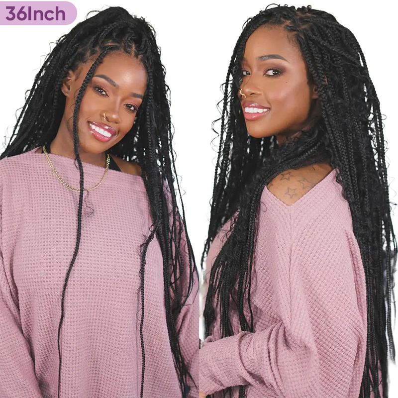 Valentine Musts 36 Inches Full Lace Premium Synthetic Fiber Knotless Bohemian Box Braided Wigs Wavy SuperNova Hair DM to Pre-cut Lace