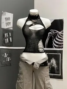 Vcay x Women's Streetwear Solid Black Hollow Out Crochet Sleeveless Knit Top