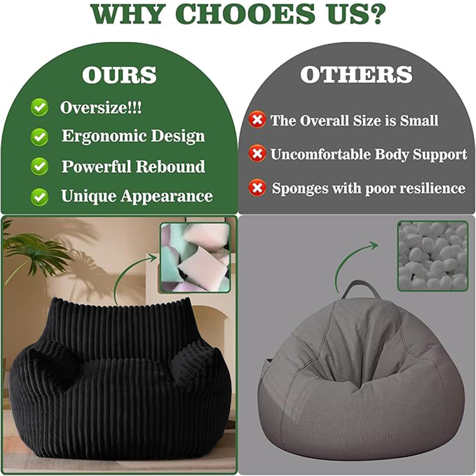 Oversize Giant Boneless Couch Bean Bag Soft Plush Corduroy with High-Rebound Memory Foam Filling Machine Washable Comfortable Sofa Chair w/Ottoman 5-Zone Support