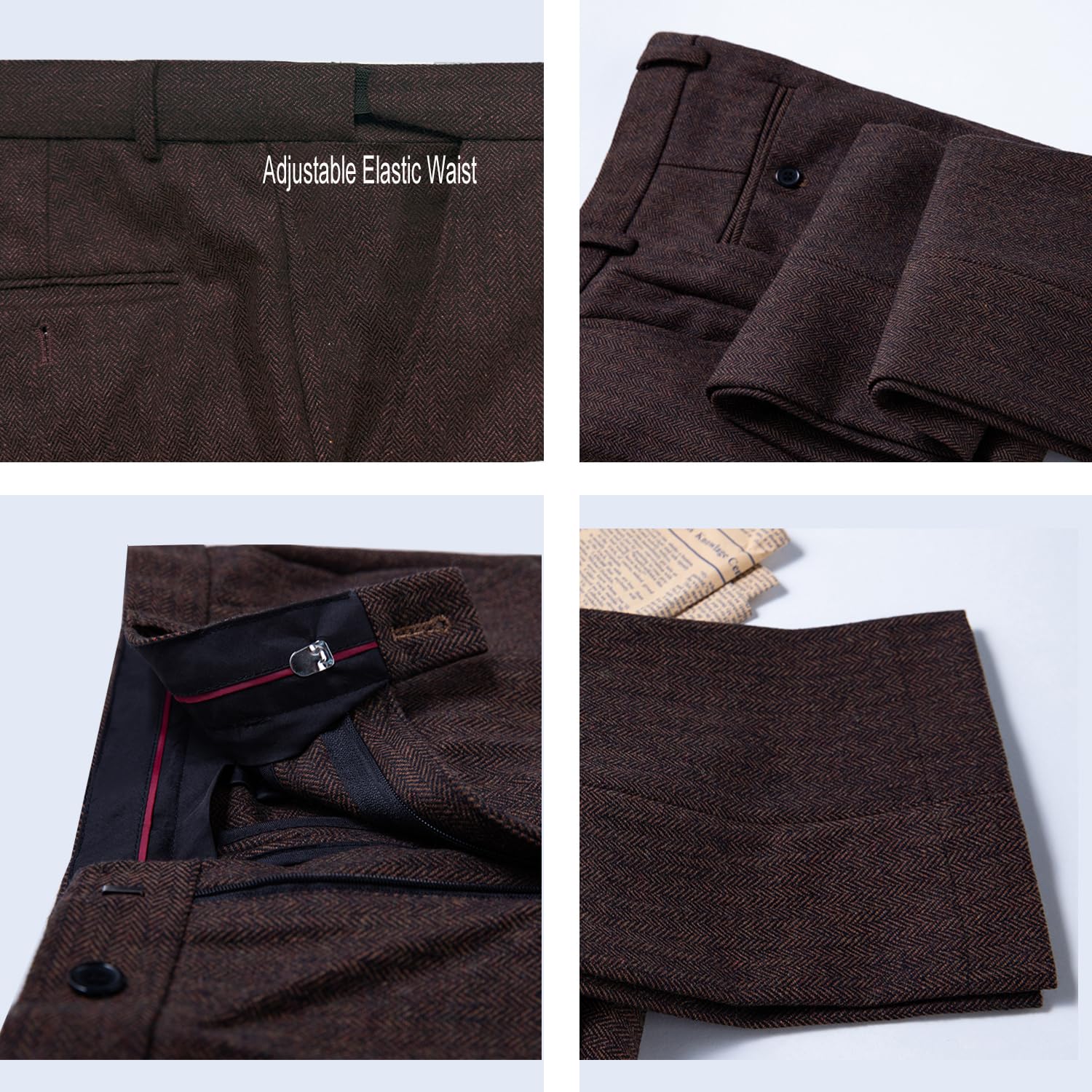 Men's Retro Dress Suit Pants Thick Wool Flat Front Herringbone Tweed Trousers
