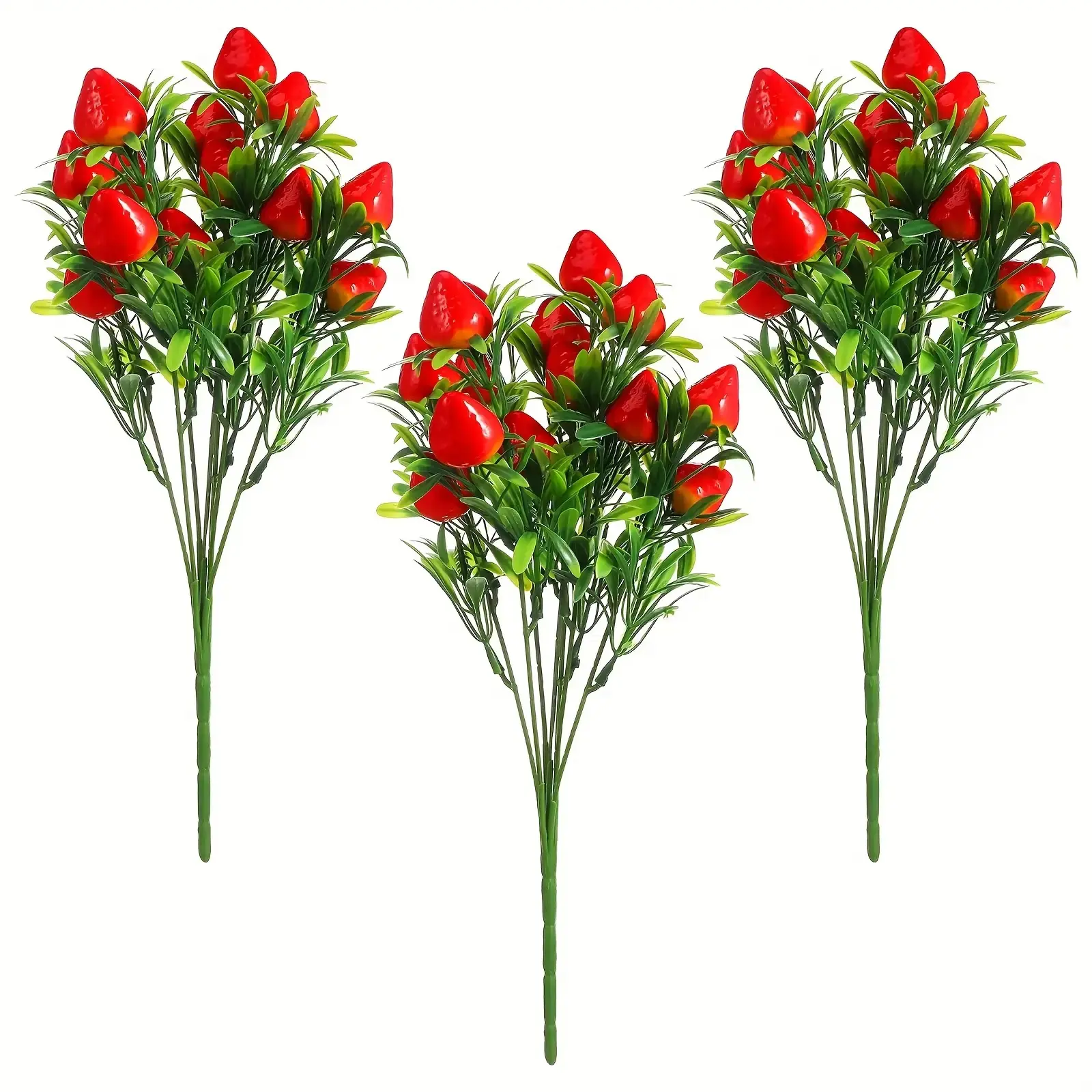 3pcs Artificial Strawberry Bouquet with Lush Green Foliage - Plastic Faux Flowers, Artificial Plants, Vibrant Red Realistic Plastic Fruit, Long-Lasting Maintenance-Free Home Decor Centerpieces, Without Battery